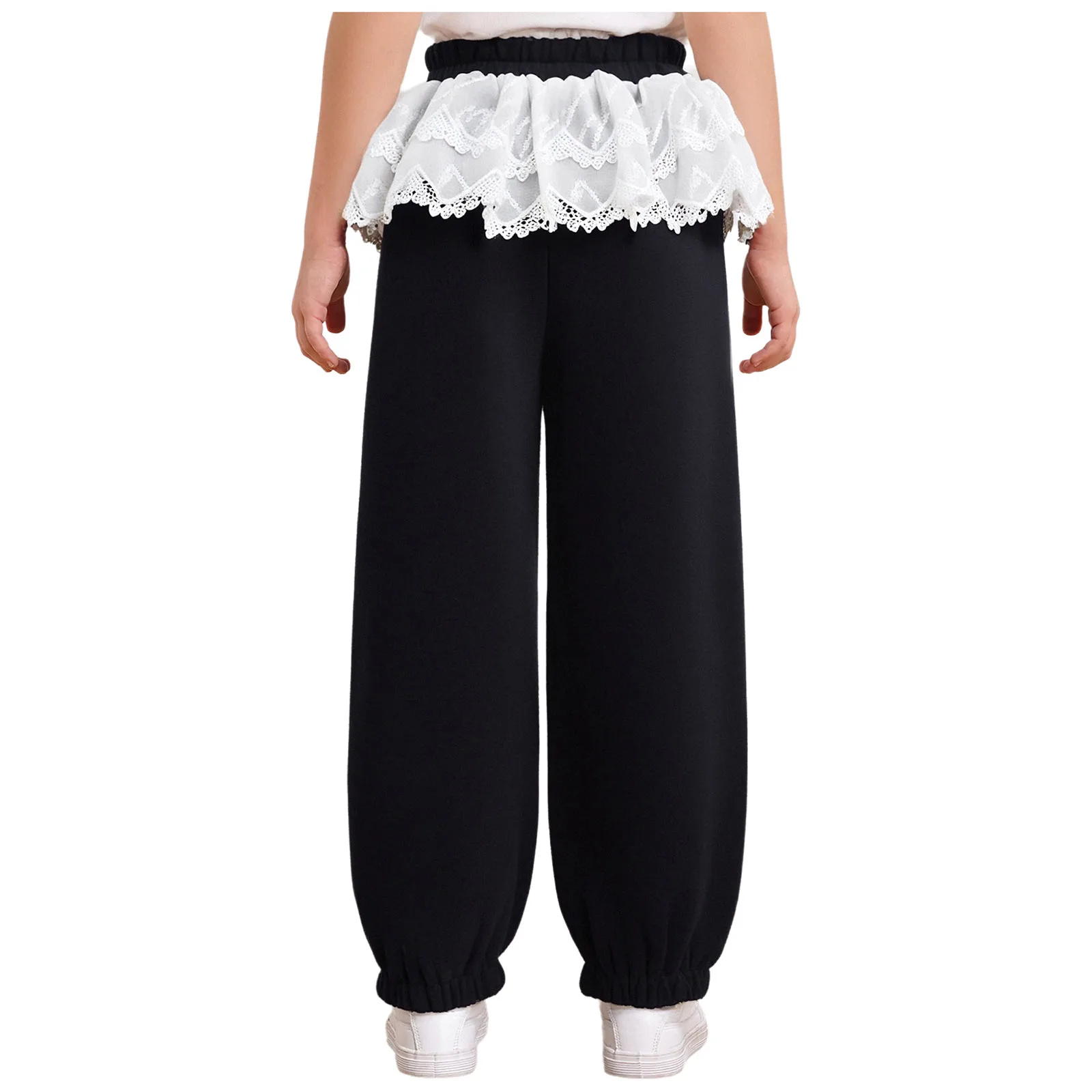 Kids Girls Y2K Pants Cute Bowknot Lace Peplum Trousers Elastic Waistband Sweatpants with Pockets Dance Sports School Daily Wear