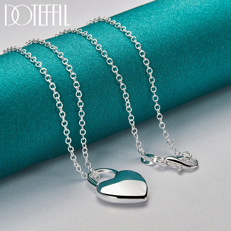 DOTEFFIL 925 Sterling Silver Square/Heart Lock Pendant Necklace 16-30 inch Chain For Women Man Wedding Engagement Jewelry