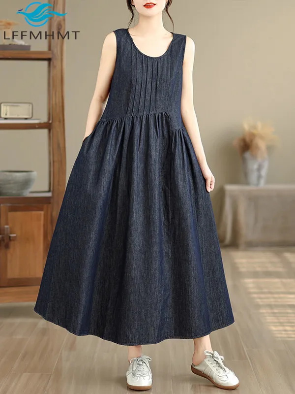 Summer New Vintage Casual Denim Dress for Women Loose Lazy Comfortable Style O-Neck Sleeveless Tank Dress Long Versatile Dress