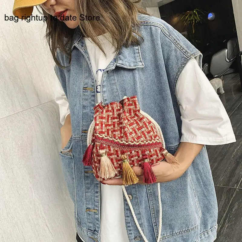 Original Han Dynasty Elements Versatile Retro Woven Tassel Single Shoulder Crossbody Bucket Bag for Women