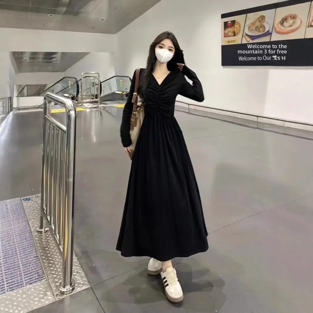 أسود هيبورن نمط كم طويل فستان بفتحة عنق على شكل v المرأة موضة ربيع الخريف وصول جديد مصغرة فستان طويل شعور أنيق