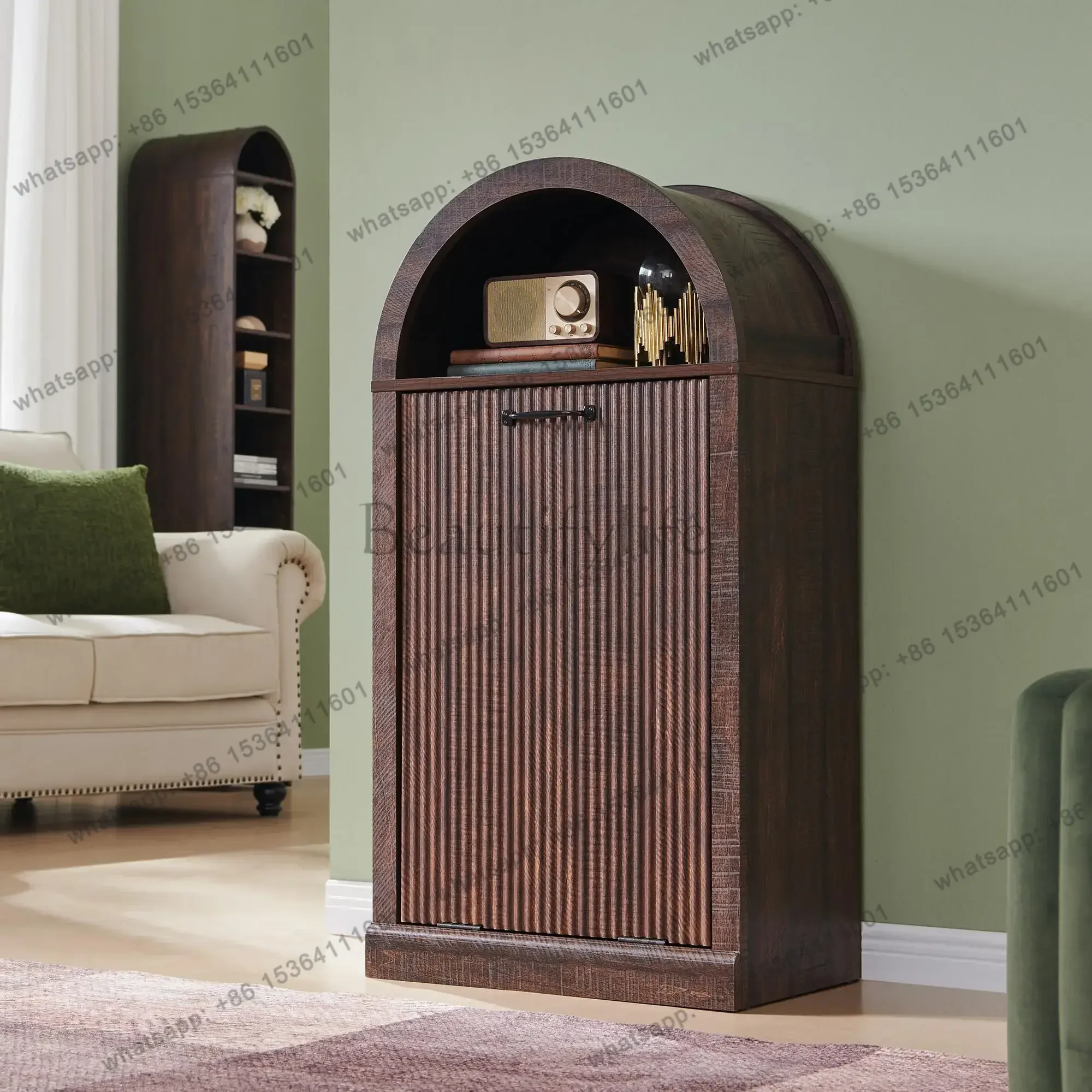 Factory Direct Arched Tilt-Out Trash Can Cabinet, Fluted 10 Gallon Trash Can With Open Shelf, Modern Laundry Hamper Cabinet, , C