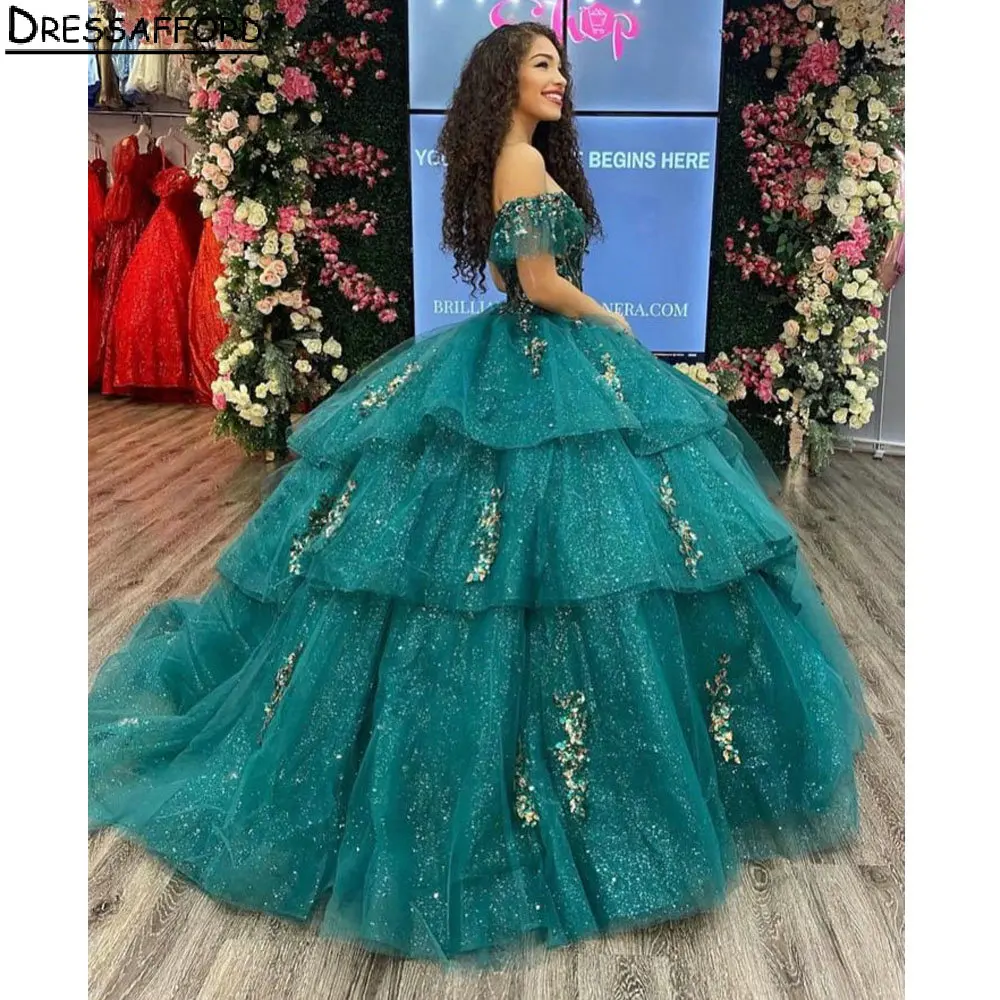 Emerald Green Beading Crystal Ruffles Quinceanera Dress Ball Gown Off The Shoulder Gold Appliques Corset Vestidos De Quinceañera