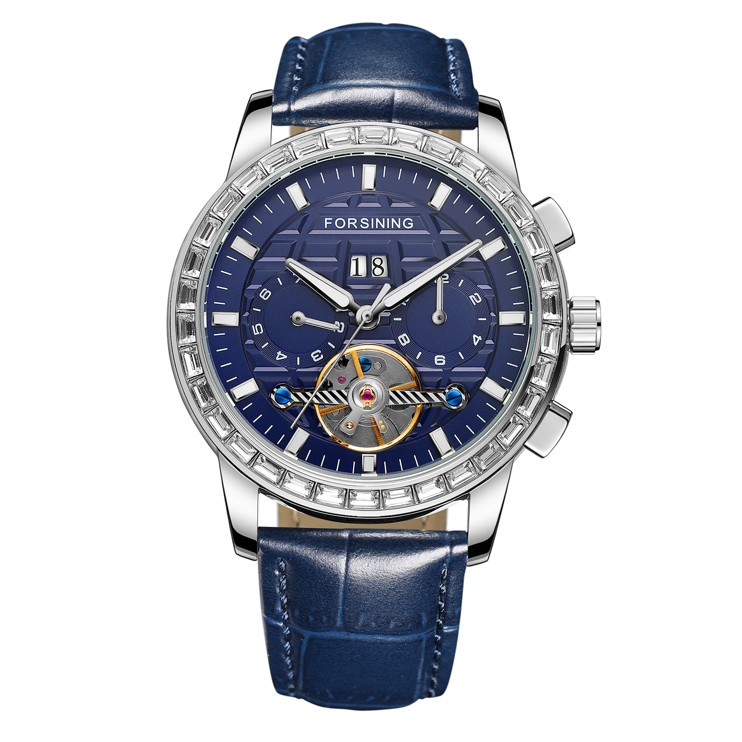 Imagem -06 - Forsining-relógio de Pulso Automático de Luxo Masculino Pulseira de Couro Genuíno Calendário Moda Azul Marca Superior Novo