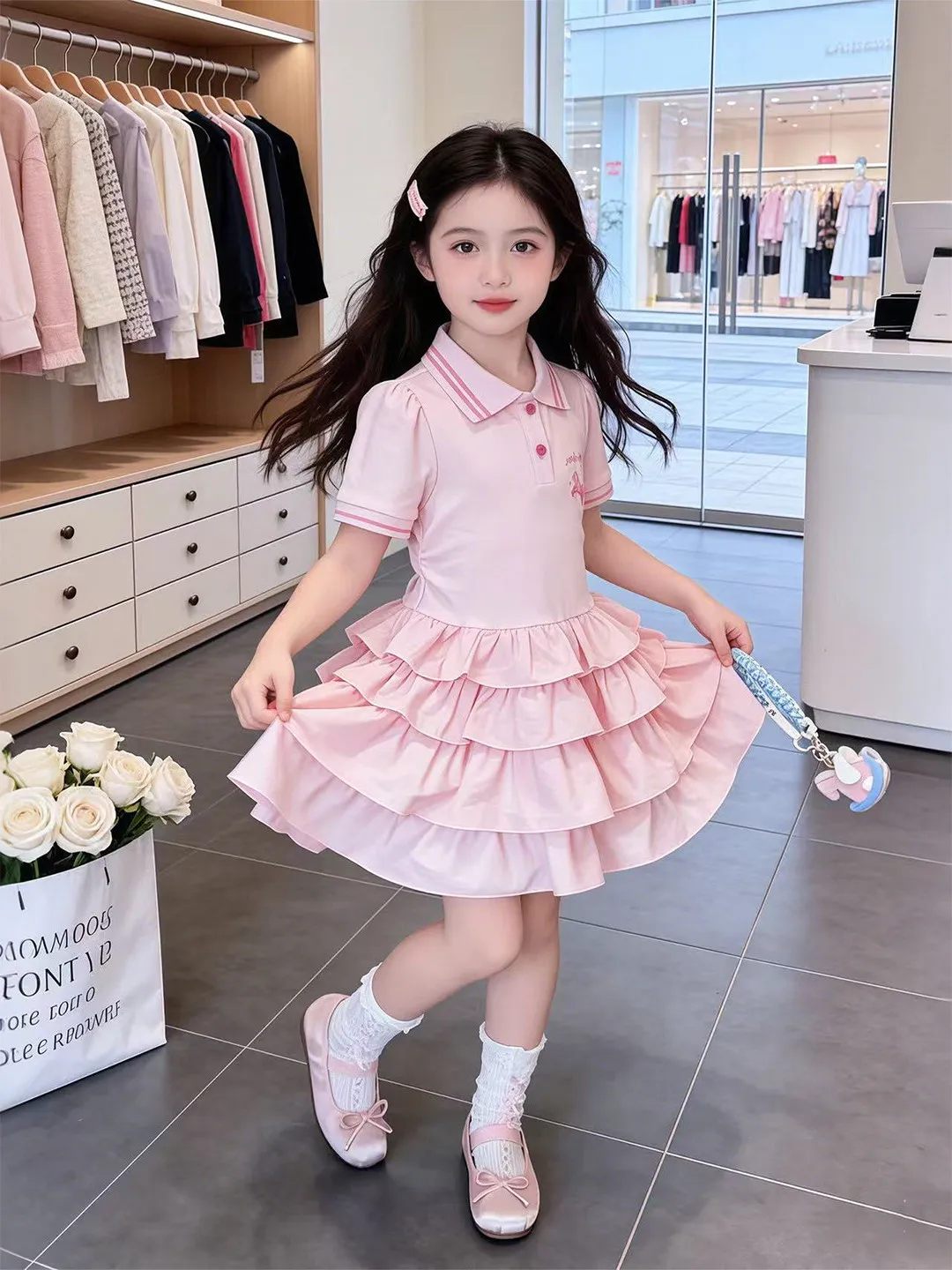 Vestido de Verão para Meninas com Gola, Manga Curta, Estilo Princesa, Cintura Elástica e Saia com Laço