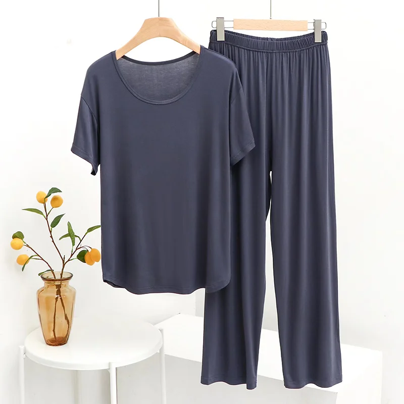 Loose Modal Short Sleeve T-Shirt And Casual Pants Two-Piece Set Sleepwear Large Size Thin Home Clothes Suitable for Middle-Ag...