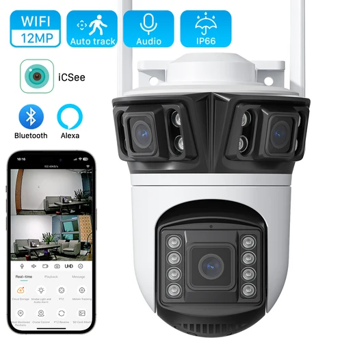Cámara IP WIFI de tres pantallas de 12MP 6K para exteriores, cámara PTZ de doble lente de 8MP 4K, detección humana Ai, cámara de seguridad de vídeo CCTV, aplicación iCsee