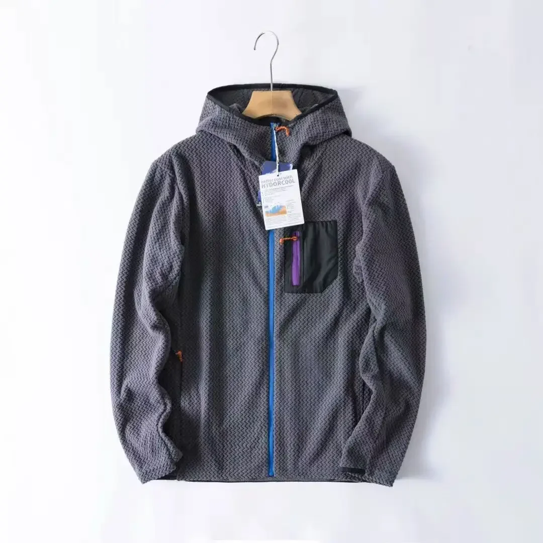 Mens Sports Hooded Jacket Zip Up Herringbone Texture Thermal Coat with Pocket Lightweight Warm Outerwear for Hiking