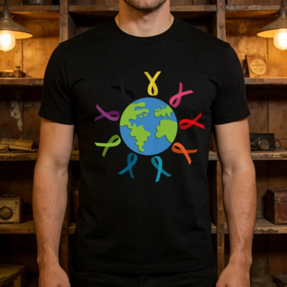 Earth Awareness Ribbons T-shirt unisexe en coton à manches courtes pour hommes, design coloré, mode décontractée d'été, cadeau pour les événements caritatifs
