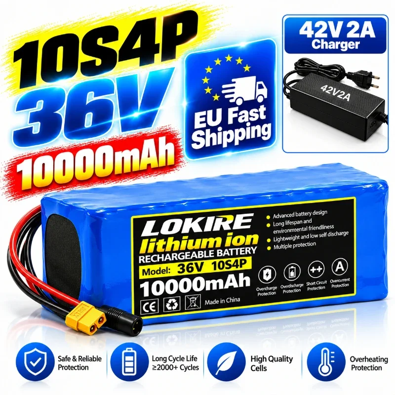 36V 10000mAh 10S4P Akku mit 18650 Zellen, XT60, BMS und 42V 2A Ladegerät, Li-Ion-Paket für E-Bike 500W 1000W, Lange Laufzeit und Schneller Versand aus EU-Lager in Polen