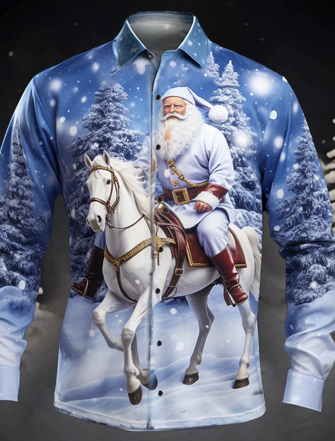

3D Printed White Horse Santa Claus Christmas Shirt Long Sleeved Lapel Design Fashionable Street Casual Party Top for Men