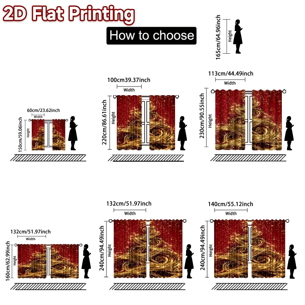 2D flat printing 2pcs Fashionable Christmas Curtains Christmas Golden Sparkling Tree Digitally printed polyester, durable