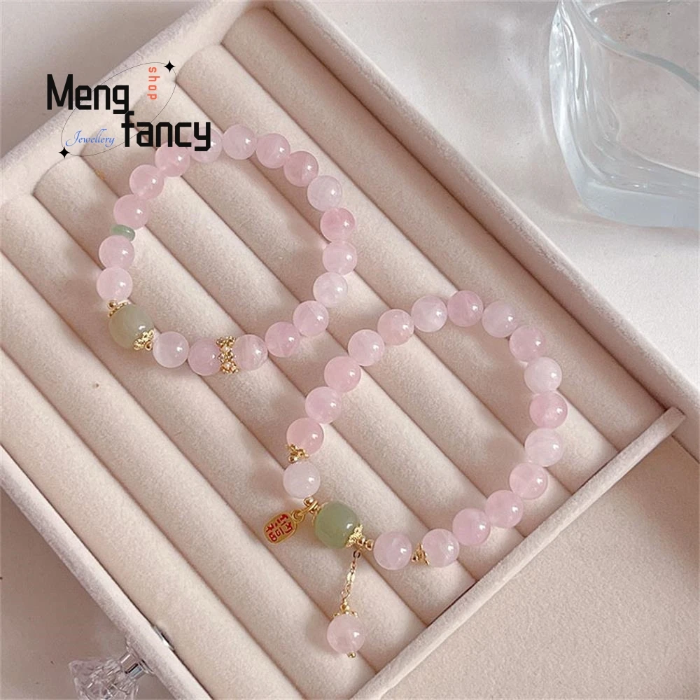 Natural Madagascar Pink Crystal Bracelet National Tide New Invitation Fortune and Blessing Pendant Hetian Jade Fashion Jewelry