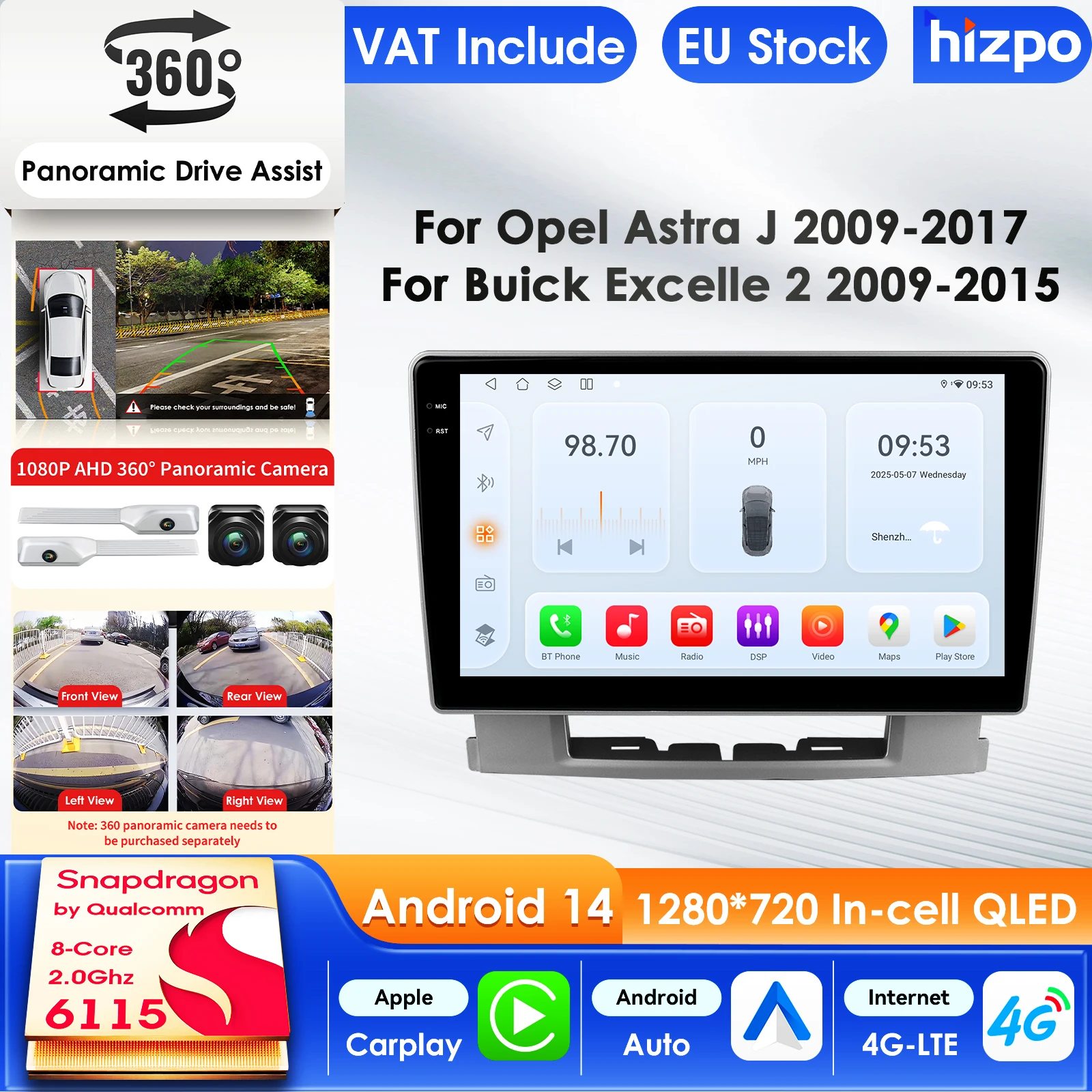 Hizpo 2 Din Android 14 Auto-Multimediaplayer für Opel Astra J 2009-2017 Buick Excelle 2 2015 GPS Carplay 4GLTE Autoradio 360° Kamera 9 Zoll Intelligenter Bildschirm QLED-Display Automotive Head Unit