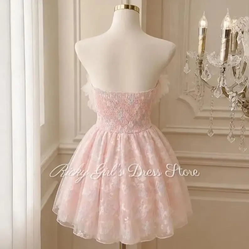 Customized 3d Floral Floral Sleeveless Pink Flower Girl Dress Shoulder Strapless Tulle Backless Mini Kids Birthday Party Gown