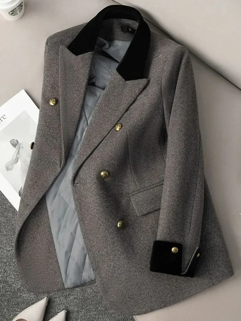 Grey Professional Suit Jacket For Women Autumn And Winter 2025 New Fashion Spliced Commuting Versatile Blazer Top w1397