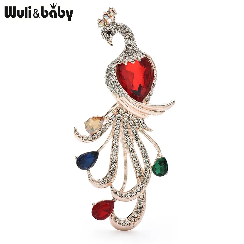 Wuli&baby Elegant Crystal Peacock Brooches For Women Lady 4-color Beautiful Big Bird Animal Party Casual Brooch Pins Gifts