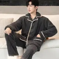 Nuevos conjuntos de pijama de franela para hombre 2026, otoño invierno, gruesos, cálidos, holgados, informales, ropa de casa, tops y pantalones de terciopelo coral, traje de dormir masculino