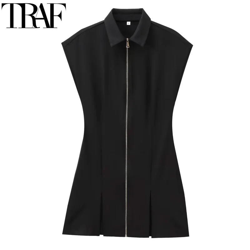 TRAF Woman Dresses Zip Up Black Mini Dress Women Autumn Sleeveless Casual Women\'s Short Dresses Slim Slit Elegant Party Dresses