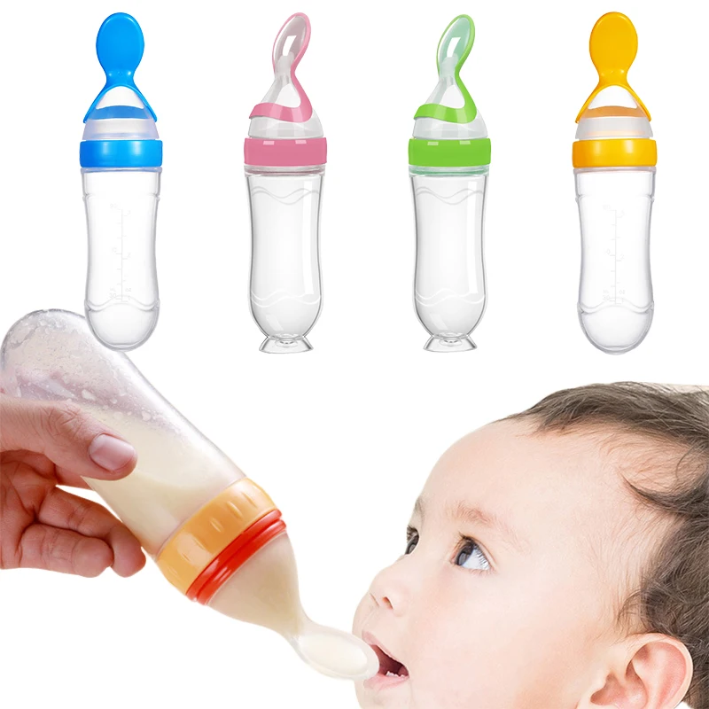 Baby Squeezing Feeding Bottle Spoon Silicone Newborn Baby Training Rice Spoon Infant Cereal Food Supplement Feeder Tableware