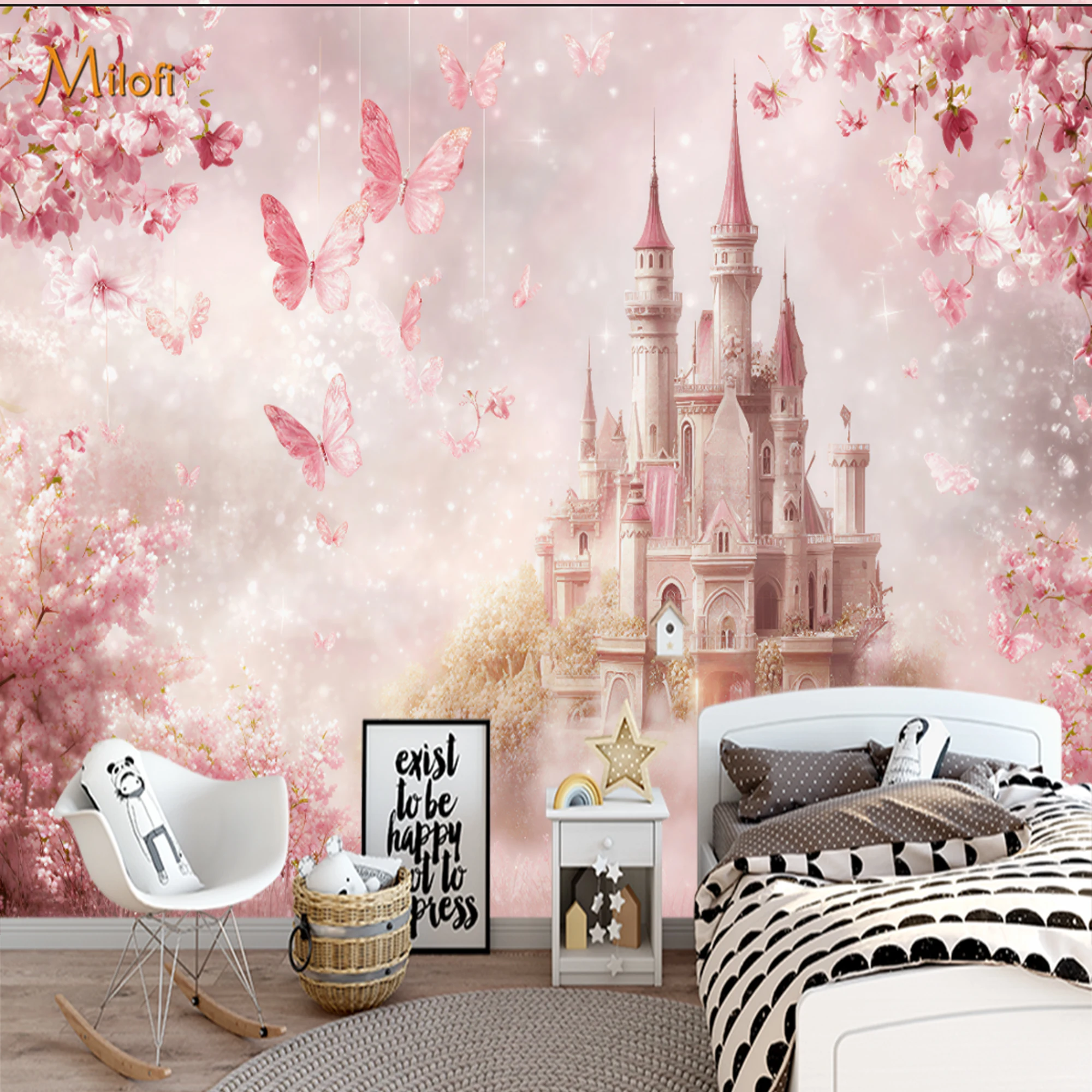Custom Mural Wallpaper Girls Peel And Stick Wall Pink Princess Castle Butterfly Cherry Blossom Glitter For Nursery Bedroom Home