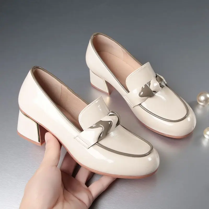 

2026 New Women Loafers White Genuine Leather Shoes Chunky Mid Heel Slip On Comfort Soft Casual Driving Shoes