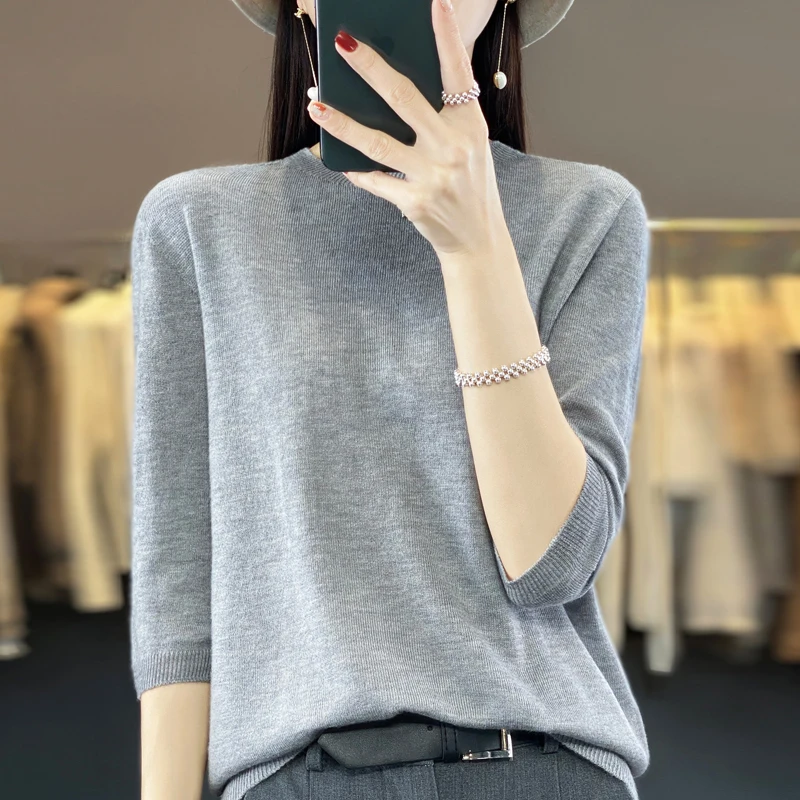 Fashion short sleeve 100% merino wool sweater basic O-neck cashmere women\'s knitted top pullover sweater top T-shirt