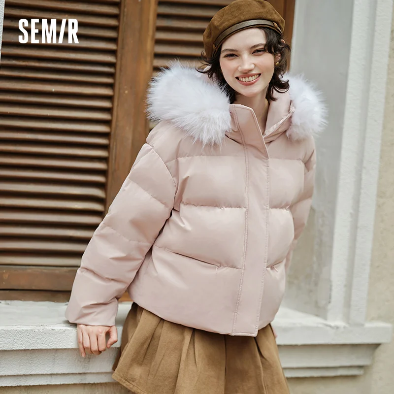 Semir Down Jacket Women Fur Collar Hooded Warm Simple Versatile New Winter 2024 Waterproof Windproof Loose Bread Coat