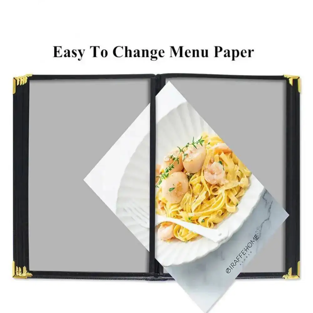 8.5 × 11 بوصة إدراج ورق A4 PU حافة جلدية 6 صفحات 12 عرض أغطية قائمة المطاعم تناسب كتاب حامل الورق القائمة
