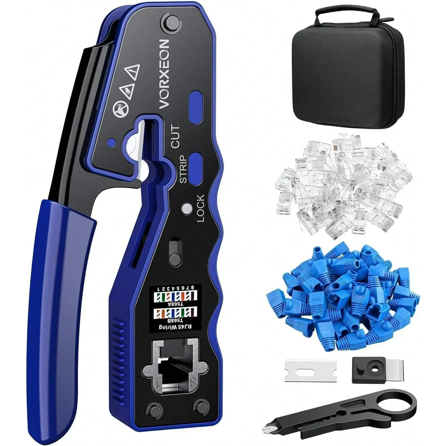 

RJ45 Crimp Tool Kit Through-Hole Network Cable Crimper with Mini Wire Stripper,50Pcs RJ45 Cat6 Pass-Through Crystals,Spare Blade