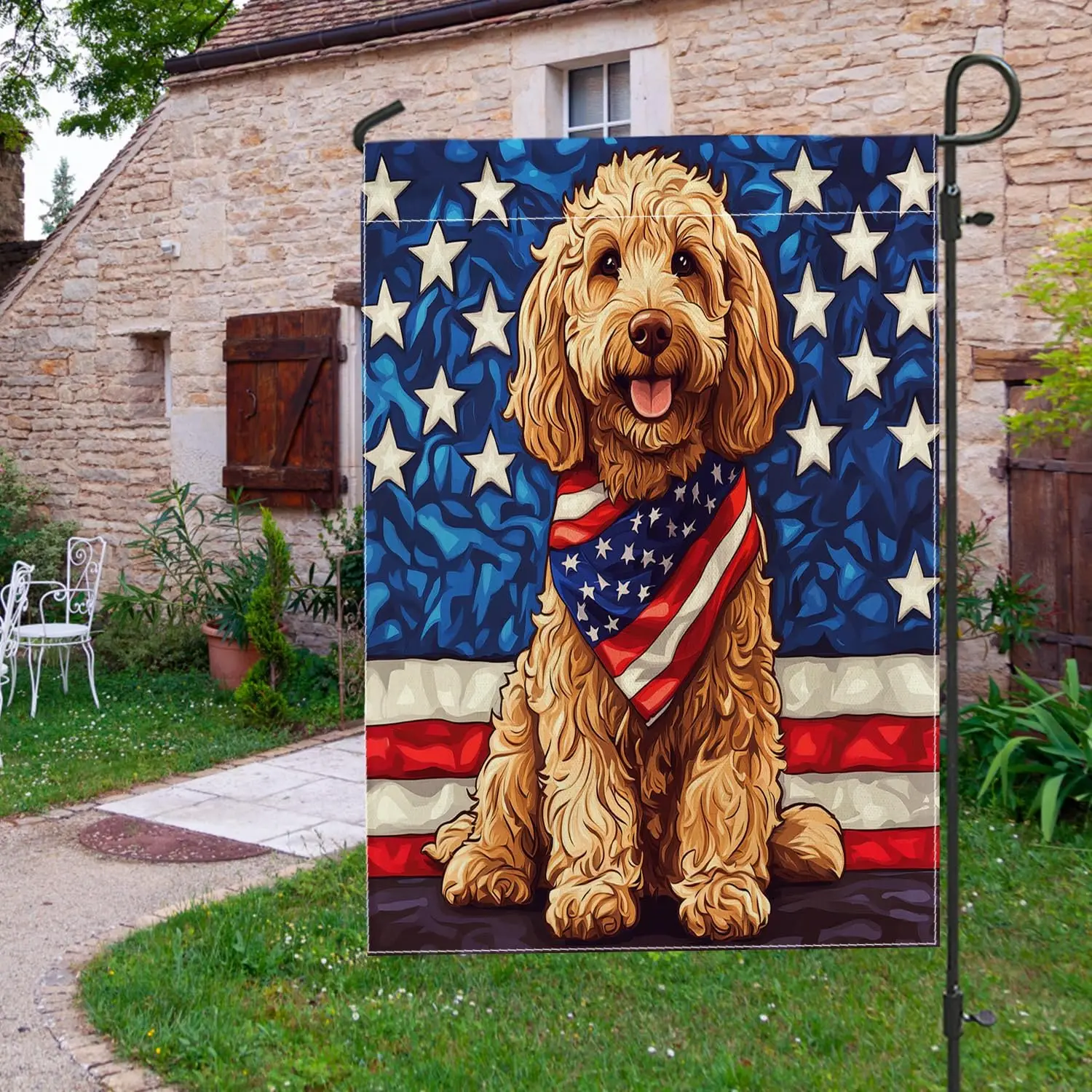 4th of July Golden Doodle Garden Flags 12”x18” Double Sided for Outside Decorative, American Independence Dog FrontYard Canv WZZ