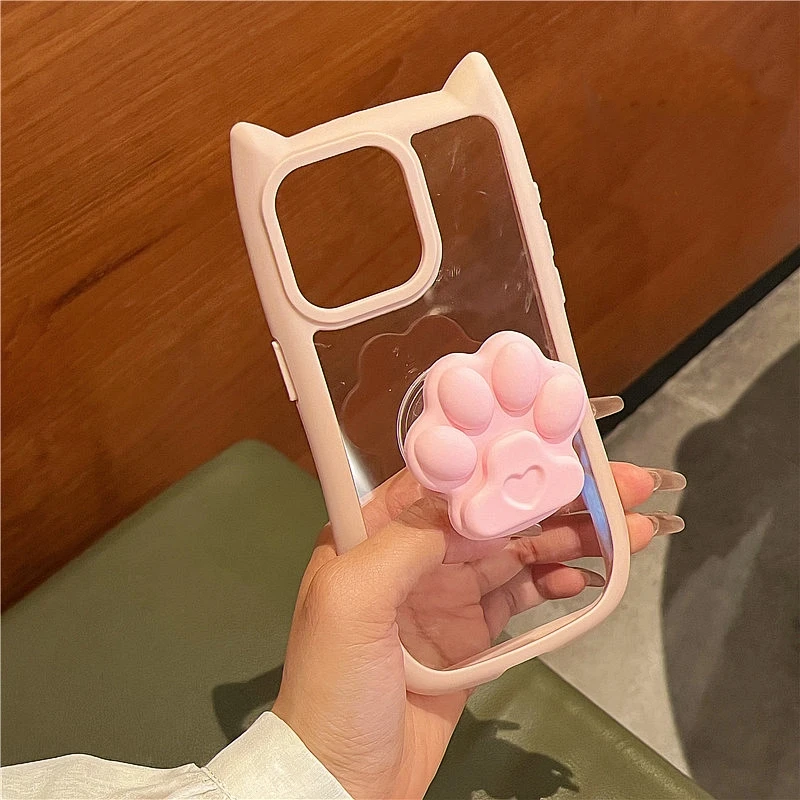 Japan Cartoon Cute Cat Paw Stand Clear Phone Case For iPhone 15 13 14 12 Pro Max 11 Lovely Cat Ear Silicone Protective Cover