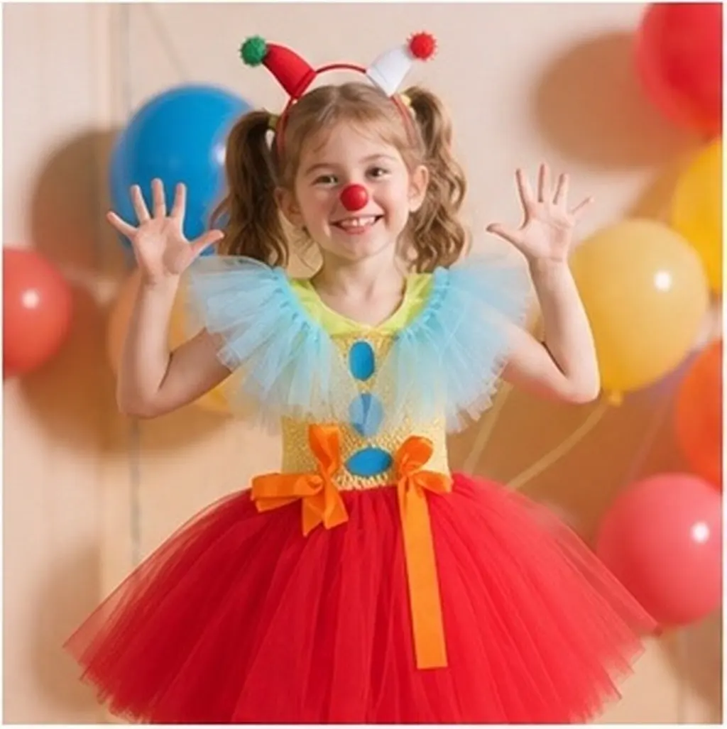1Set Kids Clown Tutu Skirt Costume Soft Mesh Layered Princess Dress Headband Halloween Carnival Party Performance