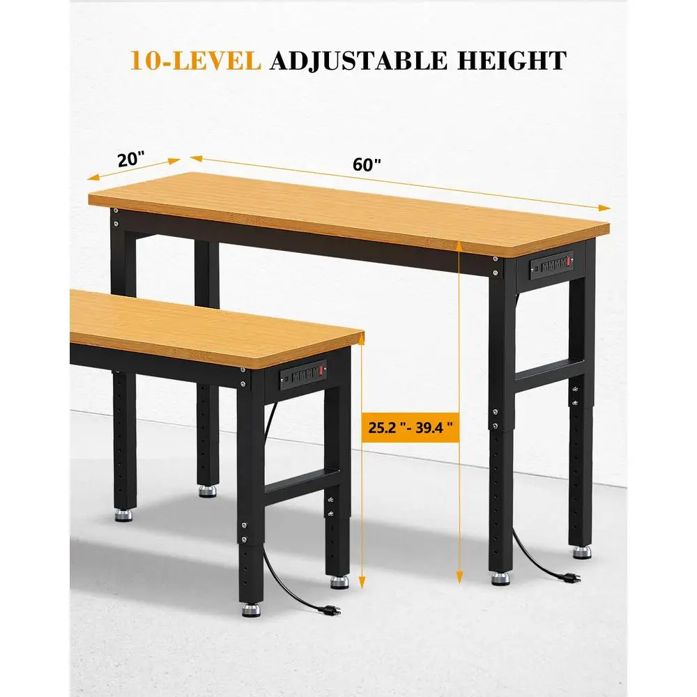 Height Adjustable 60" Garage Workbench Heavy Duty Wood Table 2200 LBS Capacity Shop Station