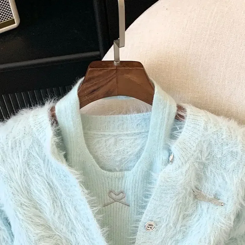 Sexy Halter Vest Pink Cardigan Mink Cashmere Sweet Korean Fashion Knitwear Jacket 2 Sets Tanks Pull Femme Y2k Sweater