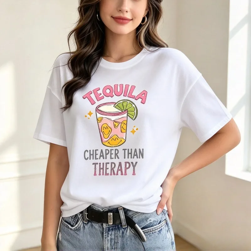 Women Tequila Lime Cocktail Graphic T-Shirt Cheaper Than Therapy Print Top Modal Casual Vacation Party Holiday Daily Shirt
