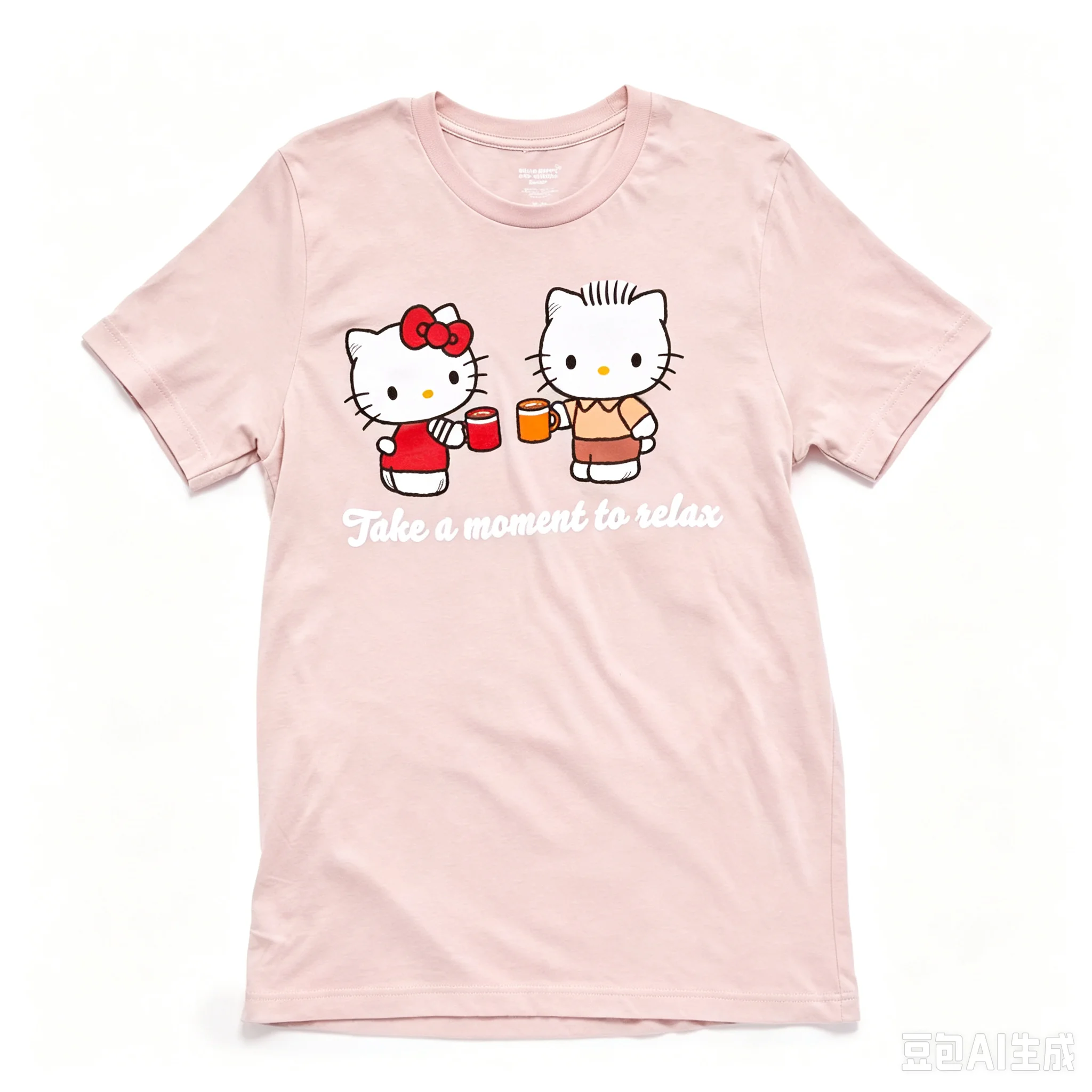 Hello Kitty & Dear Daniel Circle Print T-shirt Women Cute Cartoon Couple Graphic Short Sleeve Tee Regular Fit White Pink