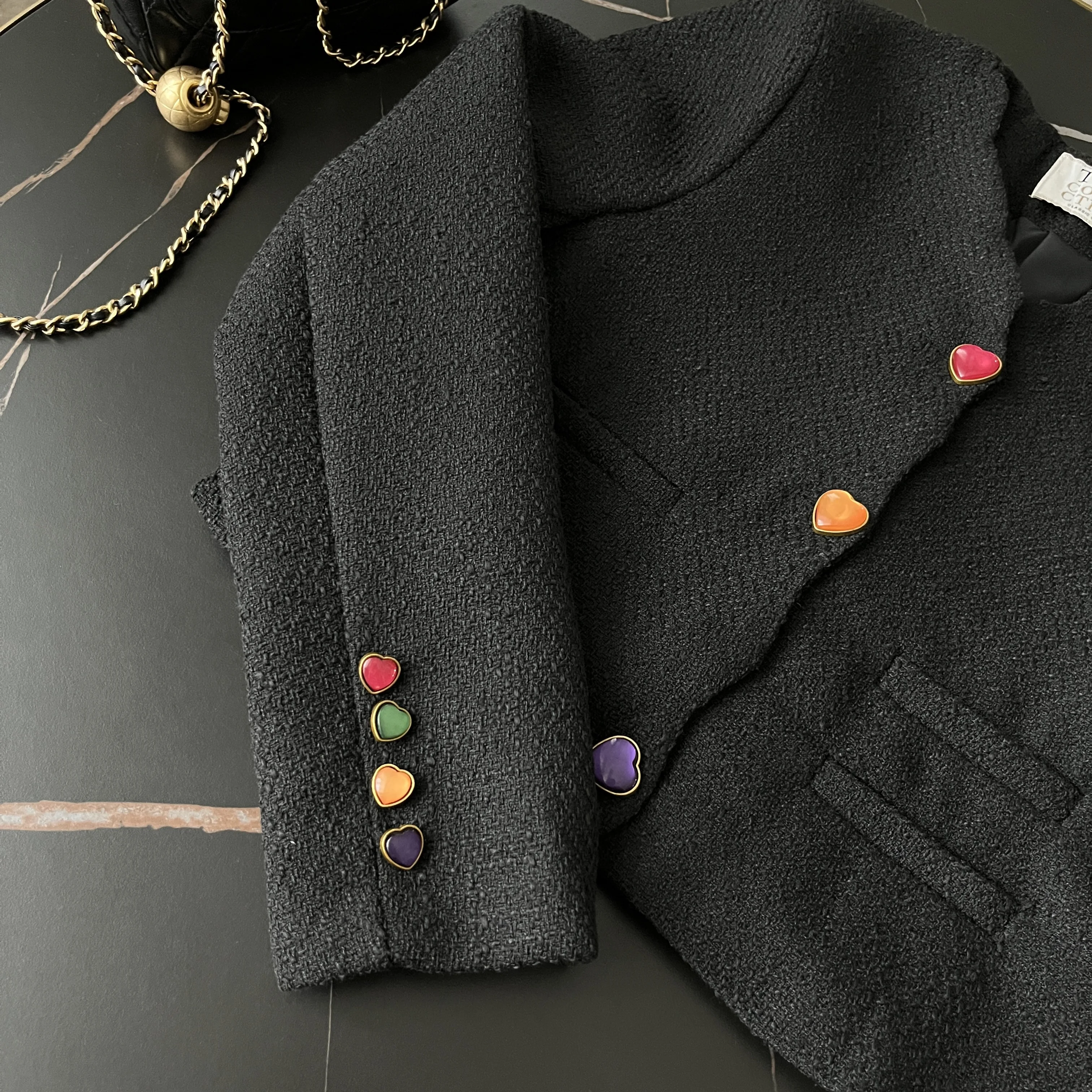 Autunno moda nero Tweed giacca corta cappotto per le donne scollo a V manica lunga monopetto Casual Cardigan capispalla femminile