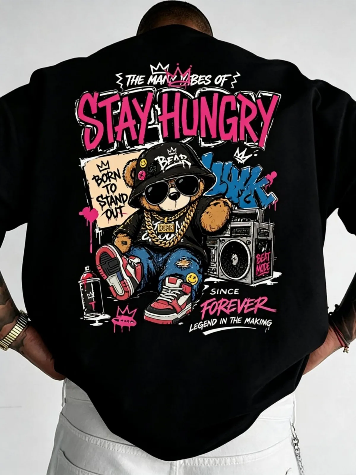 American men's summer music teddy bear letter graffiti print micro elastic breathable round neck T-shirt outdoor street top