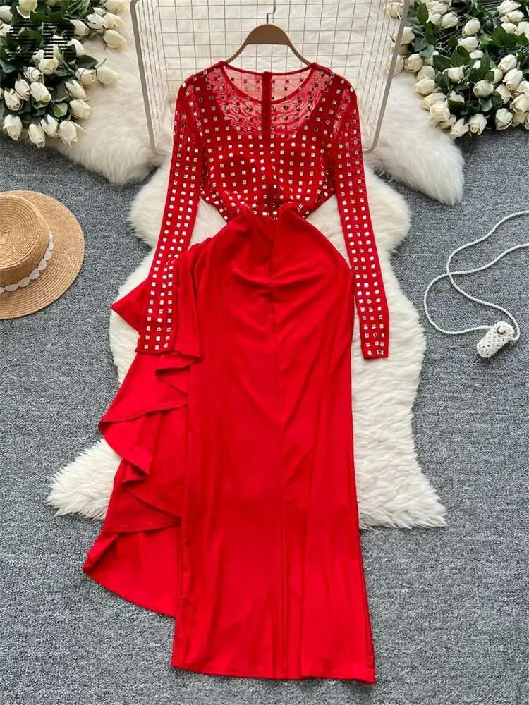 

BabYoung Elegant Ruffles Long Sleeve O Neck Slim High Quality 2024 Winter Mesh Splice Woman Fashion Dias Party Dress