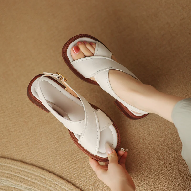 FEDONAS Retro Low Heels Women Sandals Genuine Leather High Quality 2024 Summer Leisure Casual Working Shoes Woman New Arrival