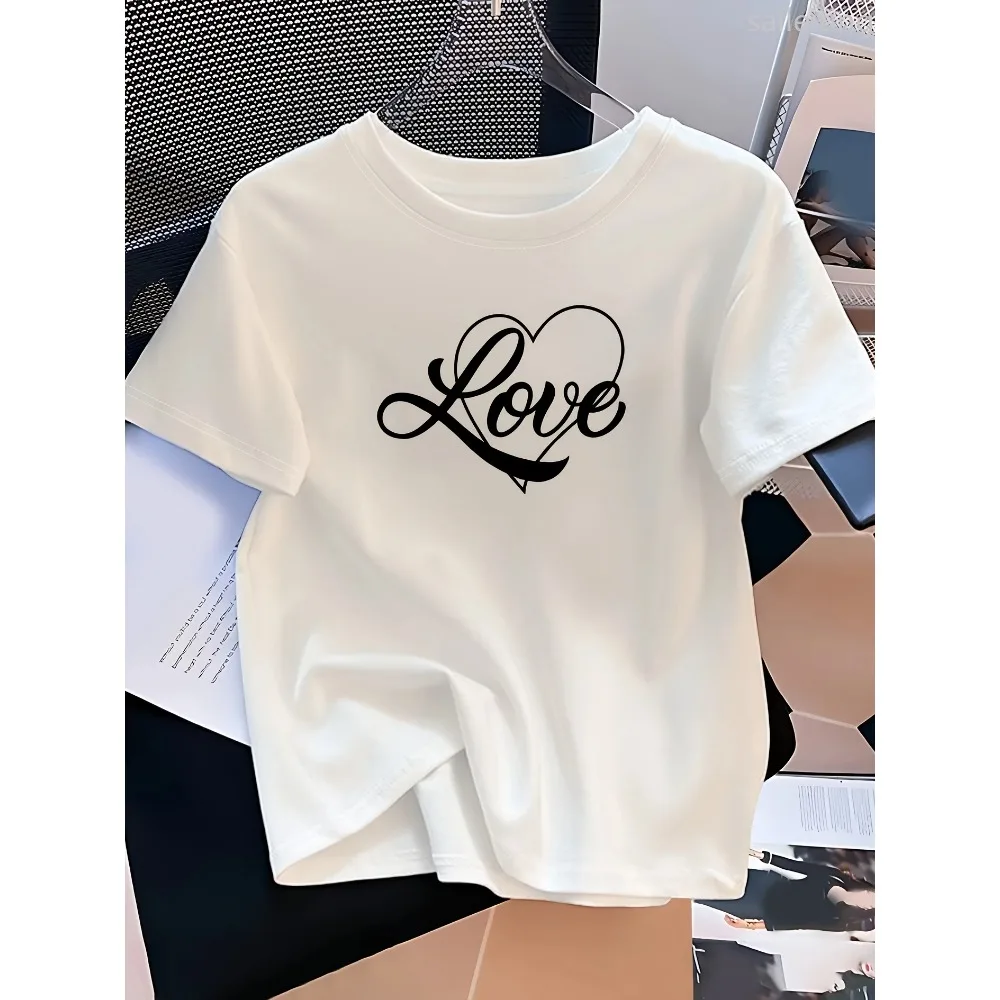 

Women's Casual Elegant Love Heart Graphic Print T-Shirt White with Black Script Round Neck Short Sleeve Aesthetic Clothes