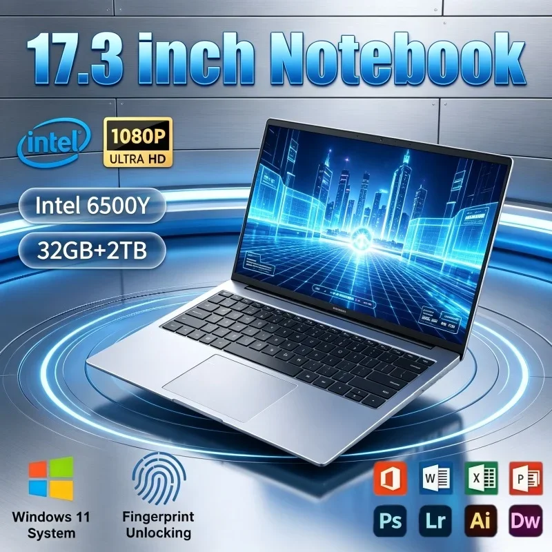 17.3 Inch Large Display Intel 6500Y Laptop 32GB RAM 2TB SSD Windows 11 Fingerprint Unlock PC For Casual Gaming