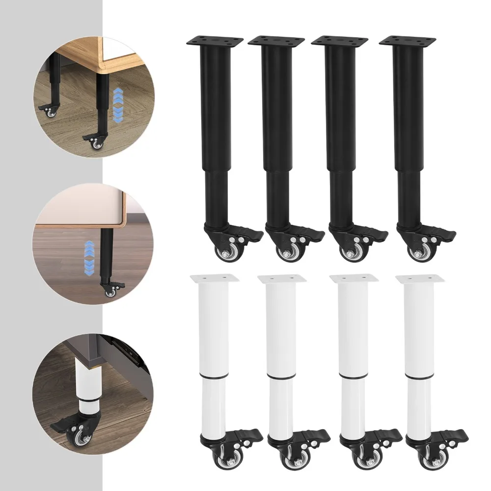Furniture Feet with Swivel Castors, Height Adjustable Furniture Legs with Brake Wheels, White/ black Furniture Legs
