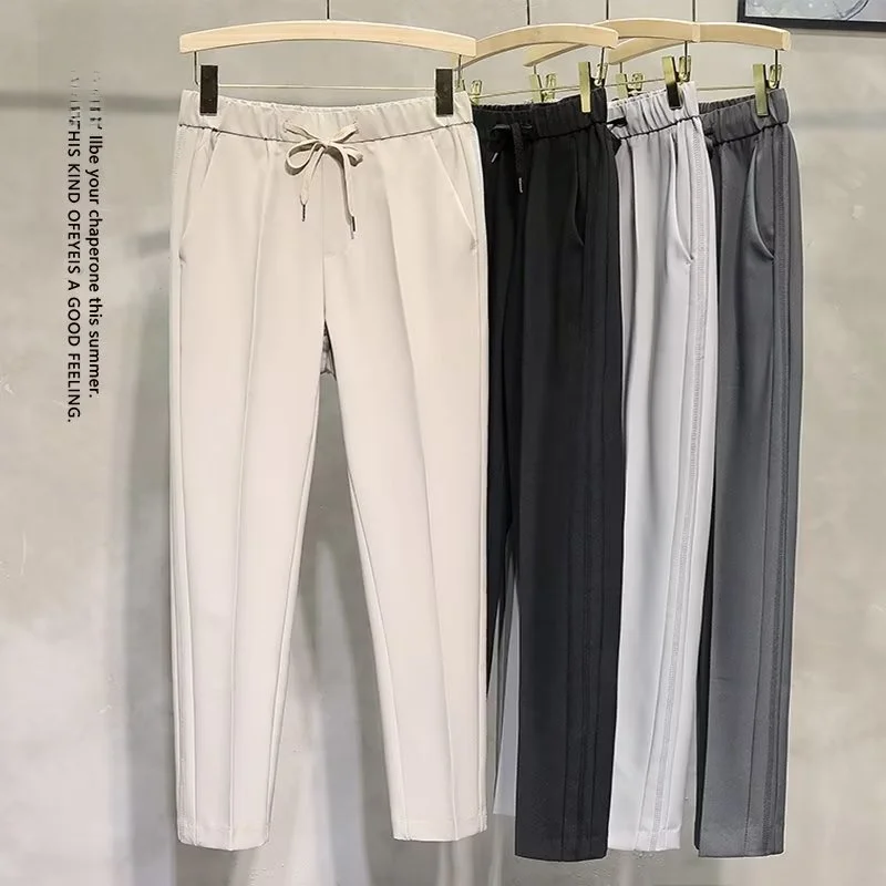 Business Casual Men's Loose Fit Trousers with Belt British Style Nine Point Pants Straight Leggings Fashionable All-Match