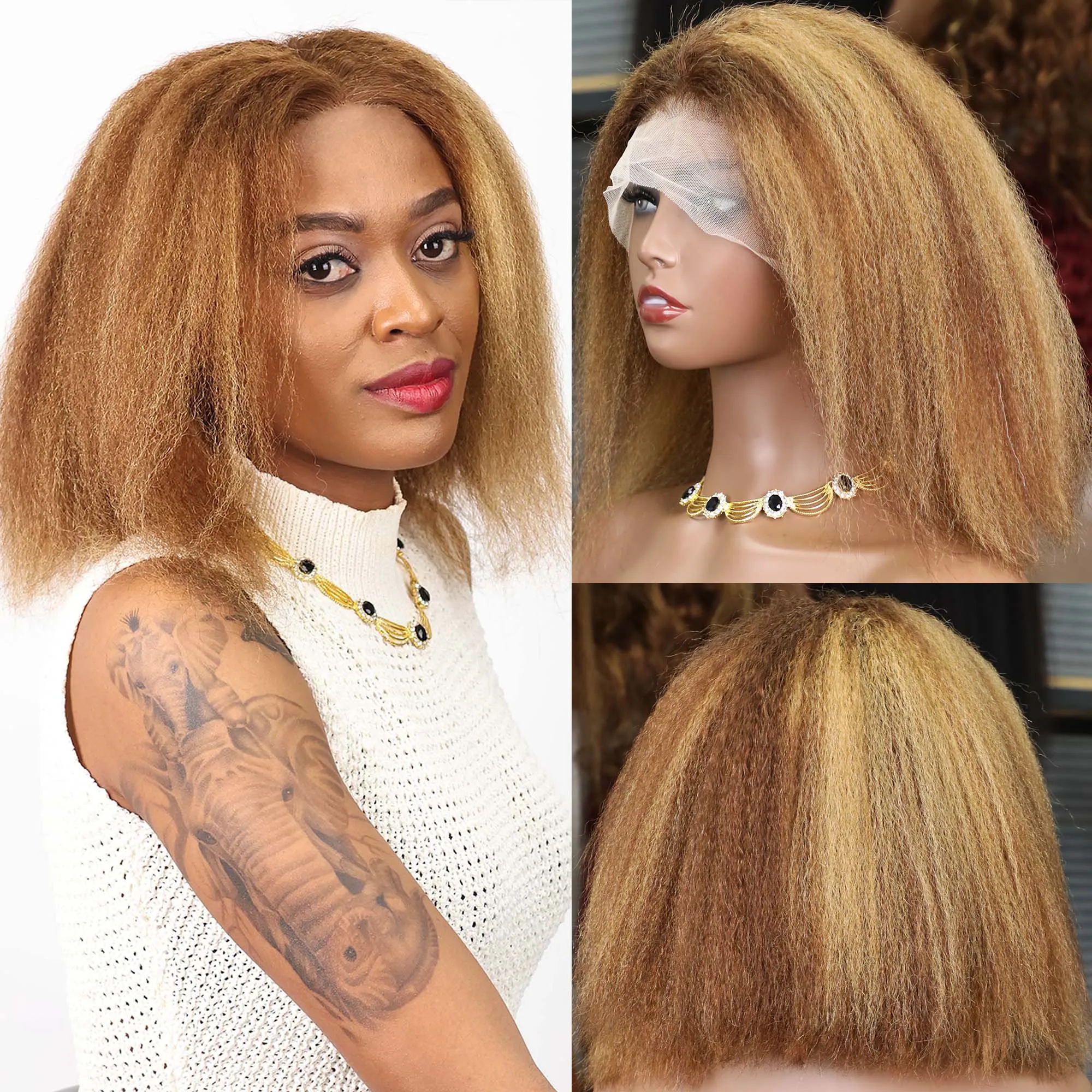 

Kinky Straight 4/27 Highlight 13x4 Lace Frontal Human Hair Wigs 200% Short Yaki Brazilian Brown Blonde Color Lace Front Bob Wig