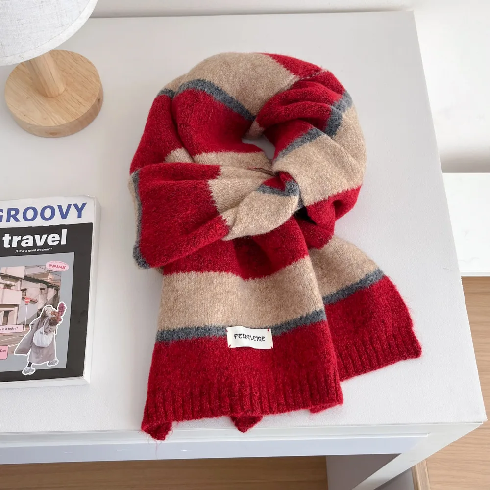 Rainbow Striped Faux Cashmere Scarf Women Winter Korean Style Short Neck Warmer Student Ins Fashion