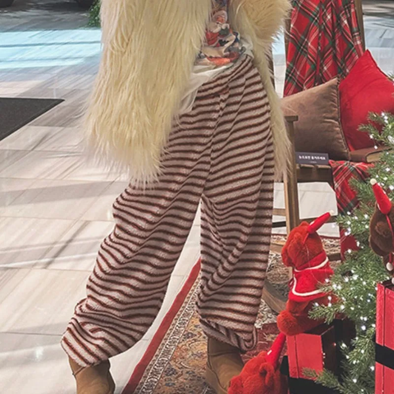 Pantaloni casual in pelliccia di agnello elastica a vita alta chic modello a righe da donna pantaloni lunghi coreani a gamba dritta autunno inverno
