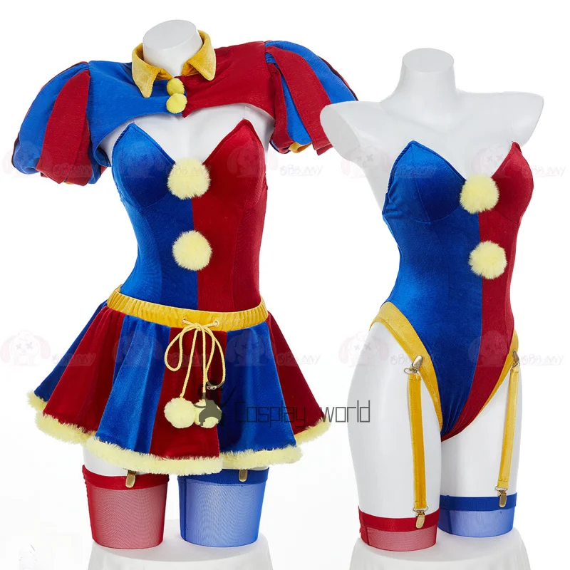 

Magical Circus Joker Girl Cosplay Costume Halloween Blue Red Bodysuit Skirt Hat Gloves Outfit Christmas party Uniform