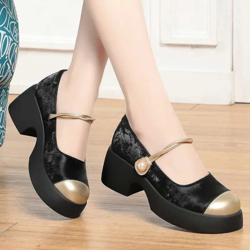 

5.5cm Vintage British Style Patchwork Soft Leather Mary Janes Thick Platform Shoes 2026 Spring Women's Block Heel Shoes Office